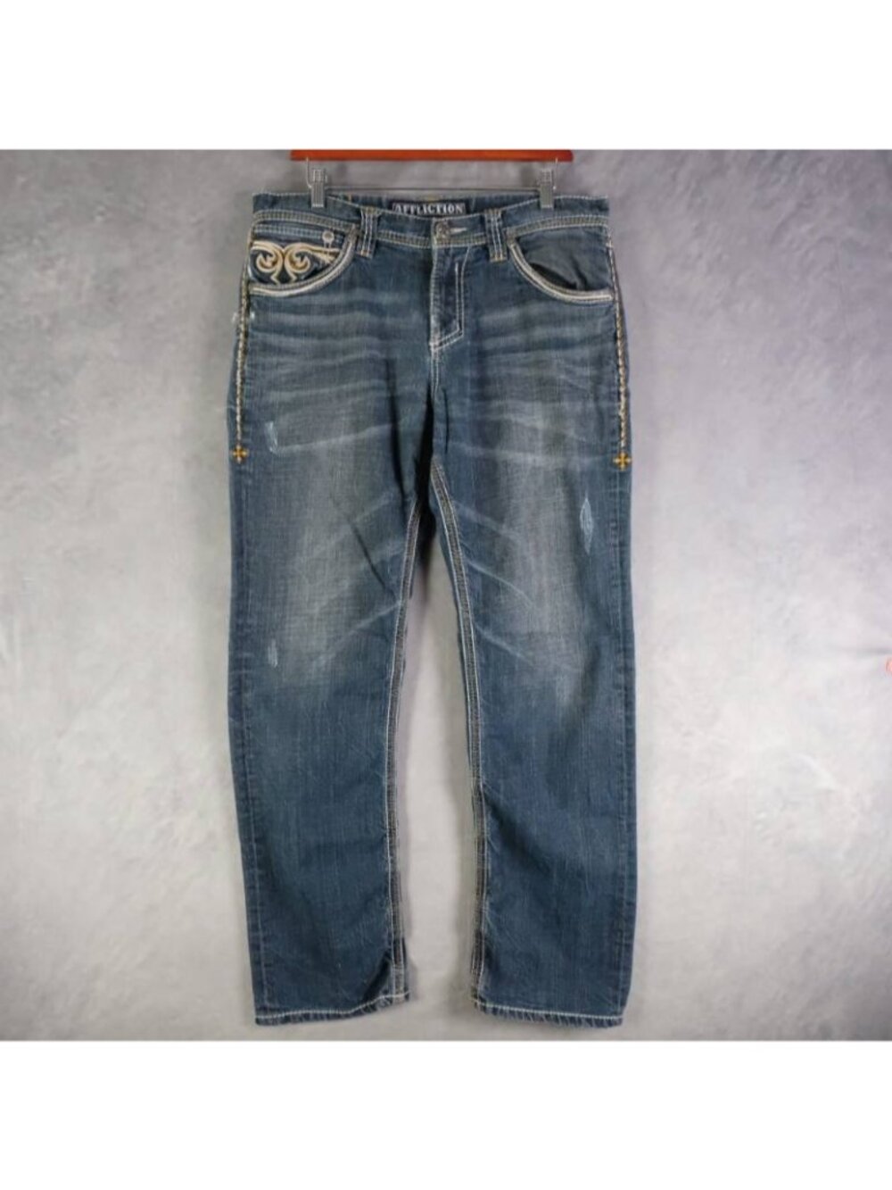 Affliction Jeans Mens 32x32 Blue Embroidered Straight Leg Y2K Denim Stone Wash